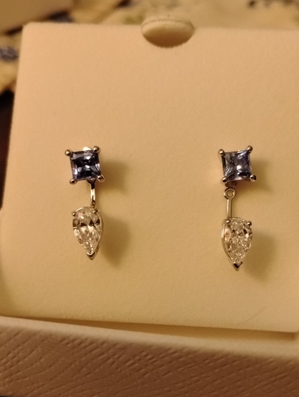 Swarovski Silver Earrings with Light Blue Square and Clear Teardrop CZ Dangles